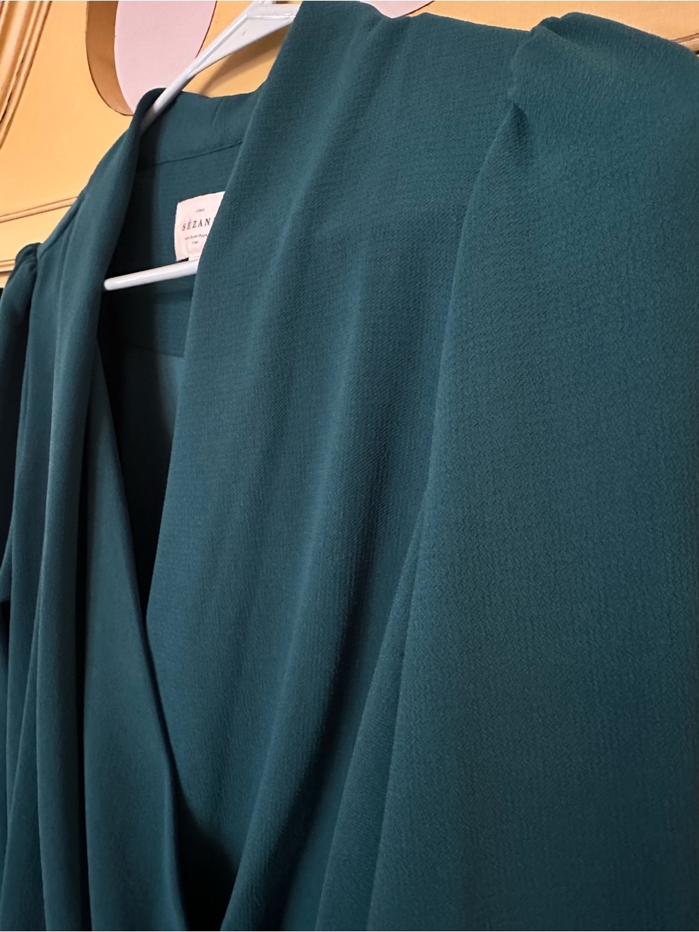 Sezane Bottle Green Abelia Faux Wrap Blouse Long Sleeve V-Neck Size 38 Medium - Picture 3 of 5